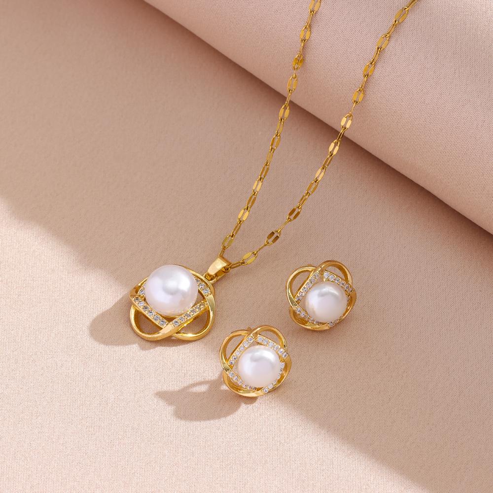 New Vintage Pearl Pendant Necklaces Earrings For Women Female Daily Wear Stainless Steel Jewelry Set Girls Party Gift