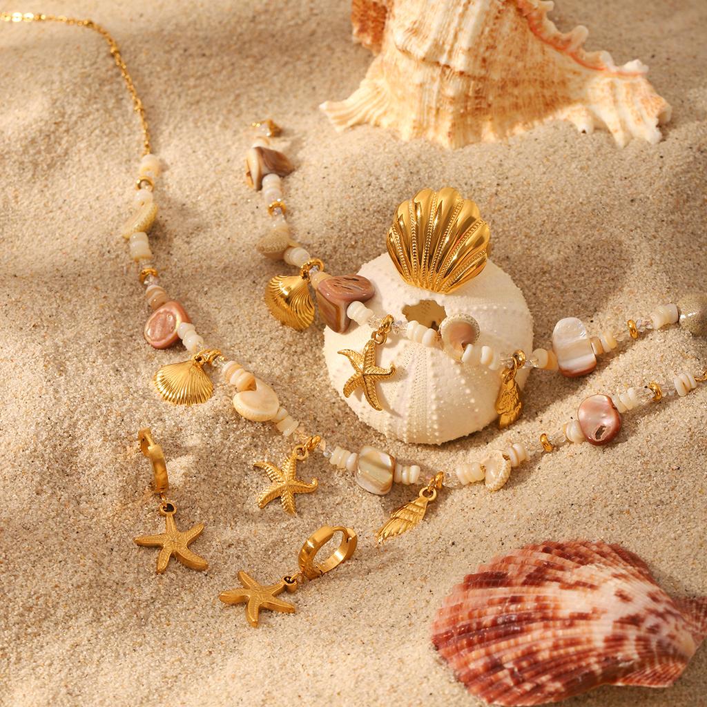 Beach Ocean Titanium Steel Jewelry Set Conch Shell Necklace Bracelet Starfish Earrings Accessories