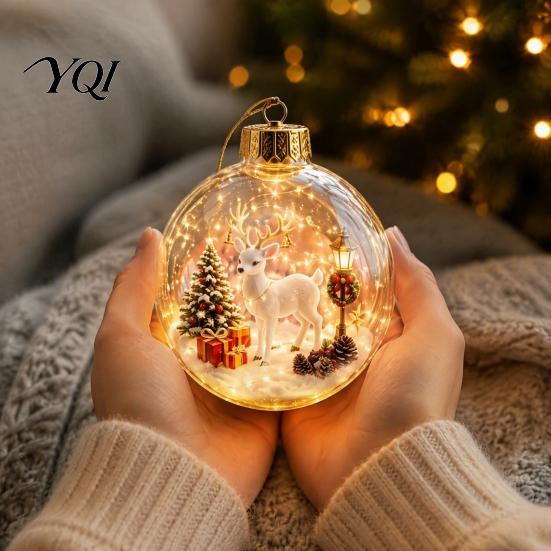 Festive Home Desktop Decorations Lighted Christmas Ornaments, 3D Miniature Scene Hanging Balls with Warm LED Light, Cute Xmas Tree Lights Reindeer