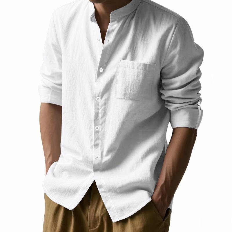 Spring and Summer Linen Shirt Long-sleeved Stand-up Collar Breathable Casual Chinese Pocket Shirt Men