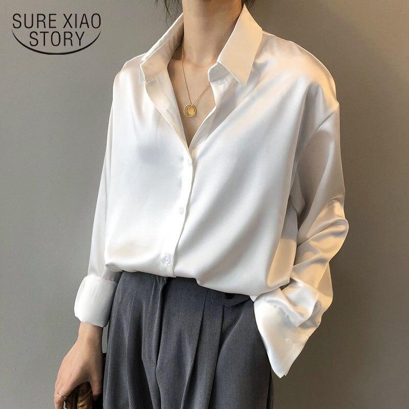 Fashion Button Up Satin Silk Shirt Women Tops Vintage Casual Plus Size Blouse Women Long Sleeve White Shirts Female 11355