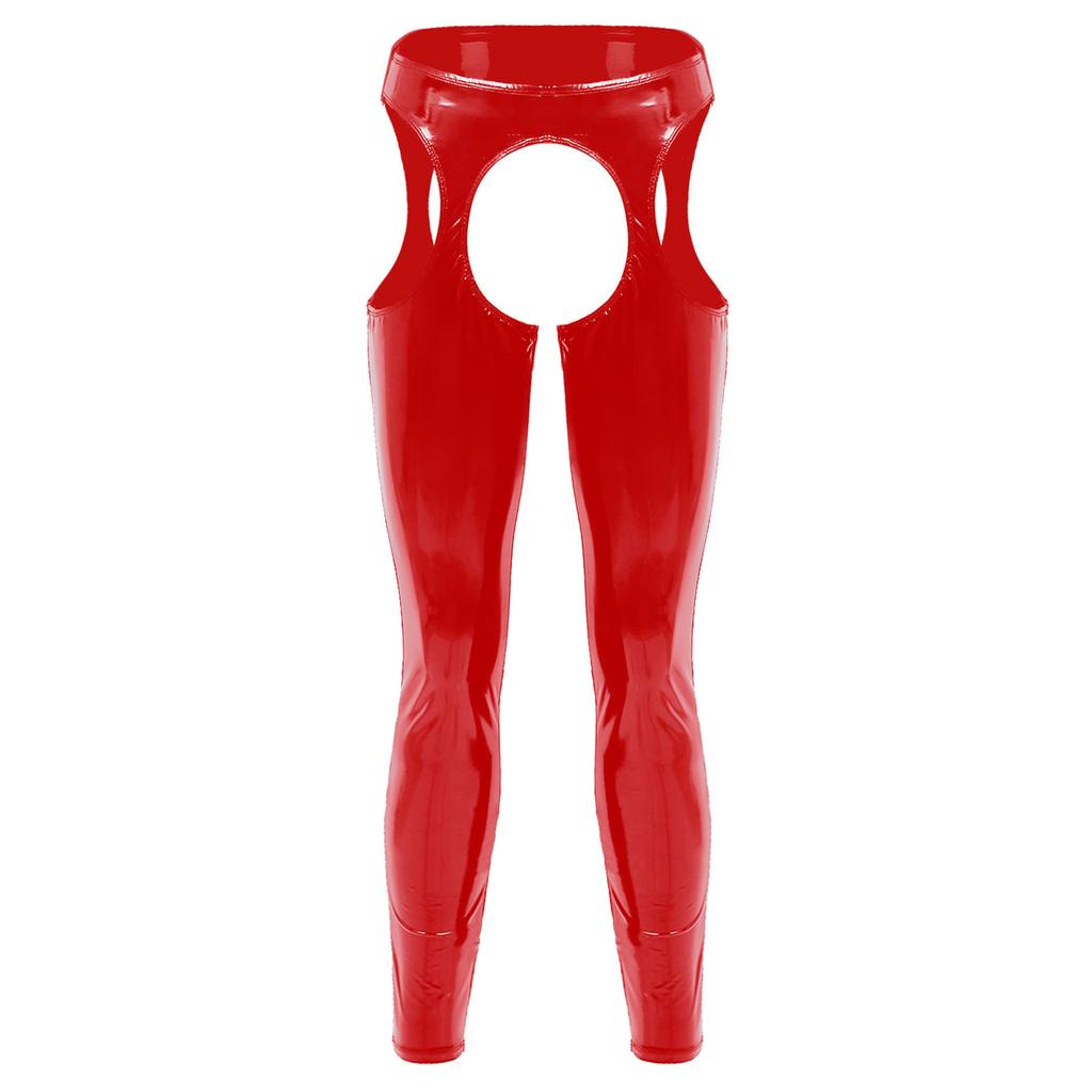 Mens High Waist Patent Leather Pants Cutout Design Nightclub Attire