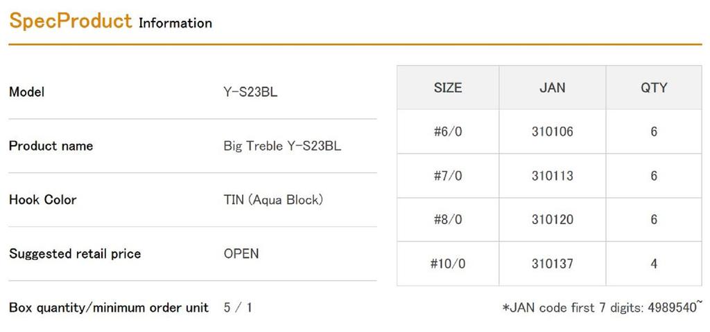 Decoy Y-S23 BL Treble Hook Heavy Duty Barbless Big Size 8/0 (0120)