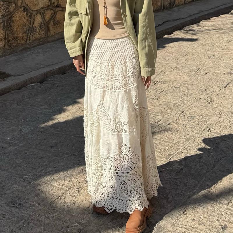 DIMANAF 2025 Новая праздничная юбка Женская кружевная длинная однотонная с вырезами Сексуальная с вырезами Летний стиль Свободное базовое платье