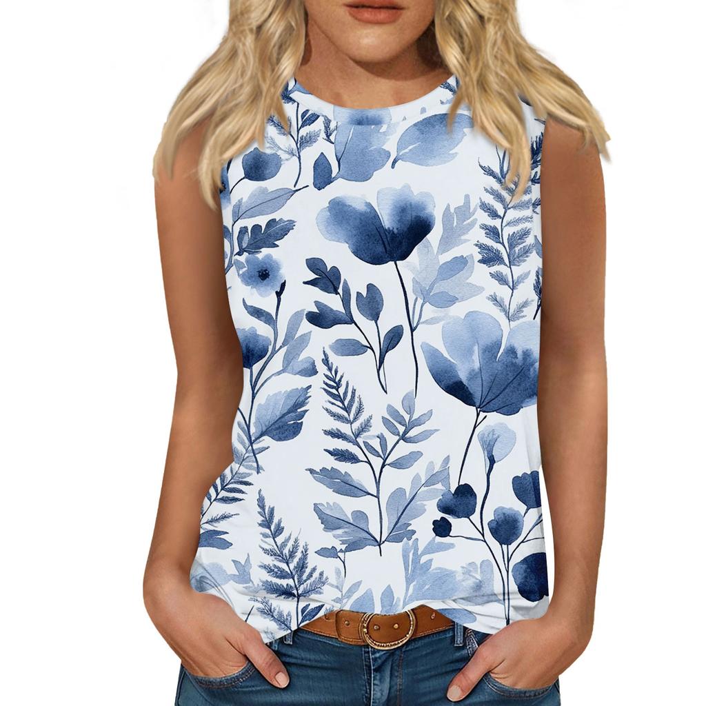 Women's Casual Round Neck Printed Sleeveless Vest Tops Vest