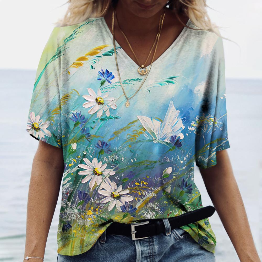 Футболка с принтом бабочки 3D-принт V-образный вырез Модный топ с коротким рукавом 2025 Повседневная базовая одежда для девушек Одежда Харадзюку