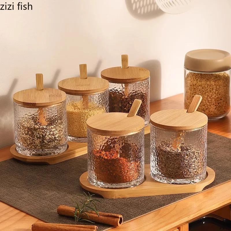 Набор банок для приправ на кухне, стеклянная коробка для приправ с узором из молотка, бамбуковой и деревянной крышкой, солонка, банка для перца, баночки для специй