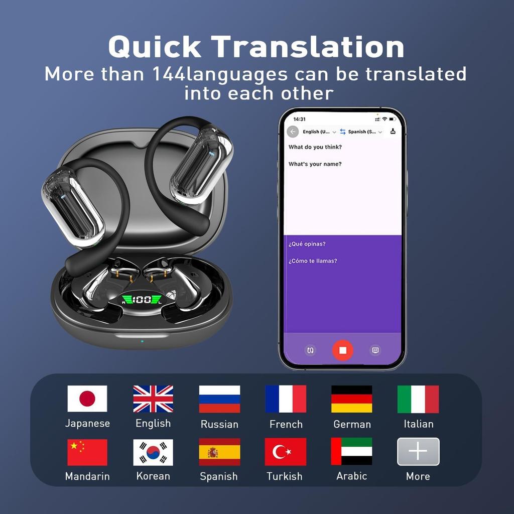 Беспроводные наушники-переводчик UYUXIO AI с 144 онлайн-языками, Bluetooth 5.4 OWS, наушники для путешествий с переводом в реальном времени