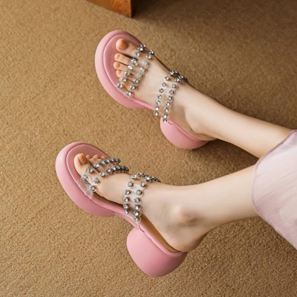 Fashion Glitter Slides High-Heeled Shoes Lady Transparent Slippers Square Heel Platform Jelly Block Soft Crystal Scandals Concise