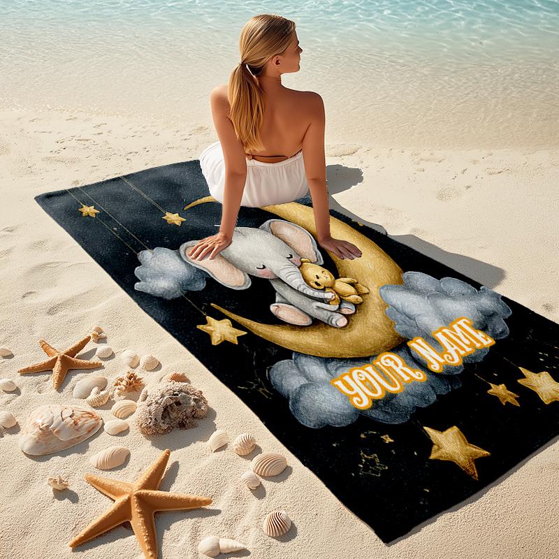1PC Custom Name Moonlit Elephant Adventure Beach Towel Highly Absorbent And Sand-Resistant Towel for Swimming, Pool, Yoga, And Travel Lightweight
