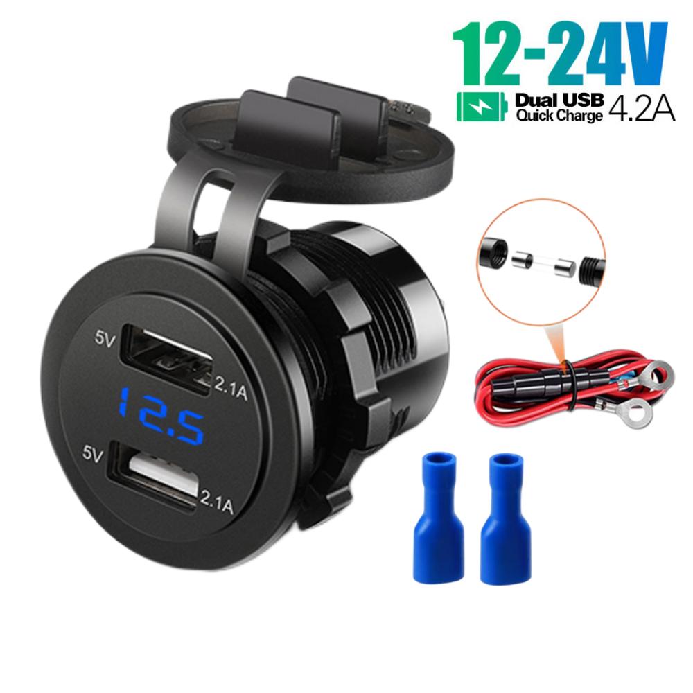 Двойной USB 4.2A для автомобиля, лодки, мотоцикла, трактора, прикуривателя, модифицированное автомобильное зарядное устройство, быстрая зарядка с дисплеем напряжения, зеленый свет 12-24 В, универсальное