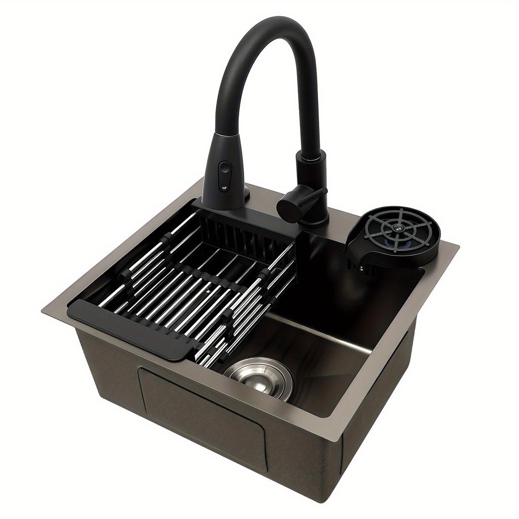 Multi-Functional 201 Stainless Steel Kitchen Sink – Pull-Out Faucet, Cup Rinser, Drain Basket & Soap Dispenser Included – Gun-Grey – 45 x 40 cm