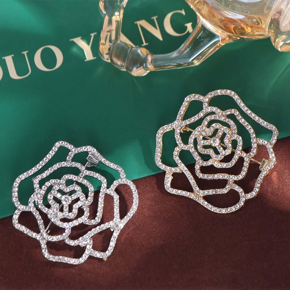 Korean Style Suit Collar Pin Full Rhinestone Rhinestone Brooch Hollow Camellia Brooch Gift