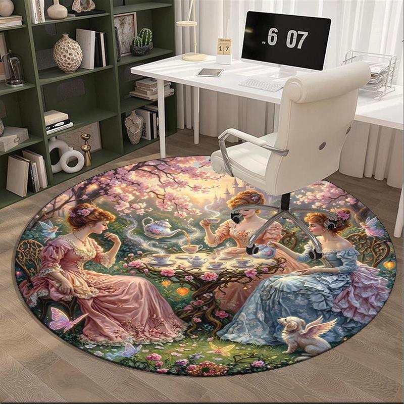 Victorian Tea Party Scene round carpet Chair cushion Round Entryway Rug, Soft Round Rugs for Living Room, Bedroom, Circle Carpet decor gifts