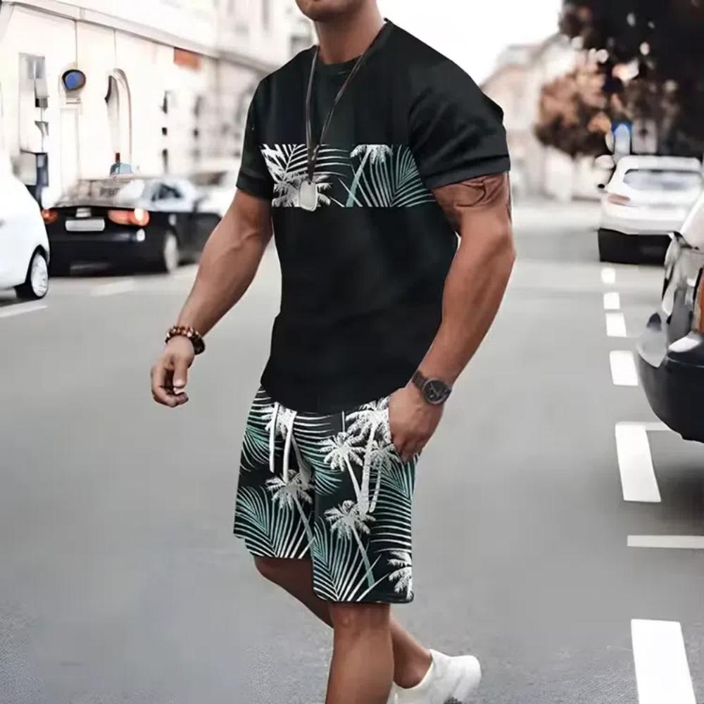 Комплект из 2 предметов для мужчин, повседневная футболка с коротким рукавом и шорты на шнурке, летний комплект мужской одежды для отдыха, отпуска, тренировок