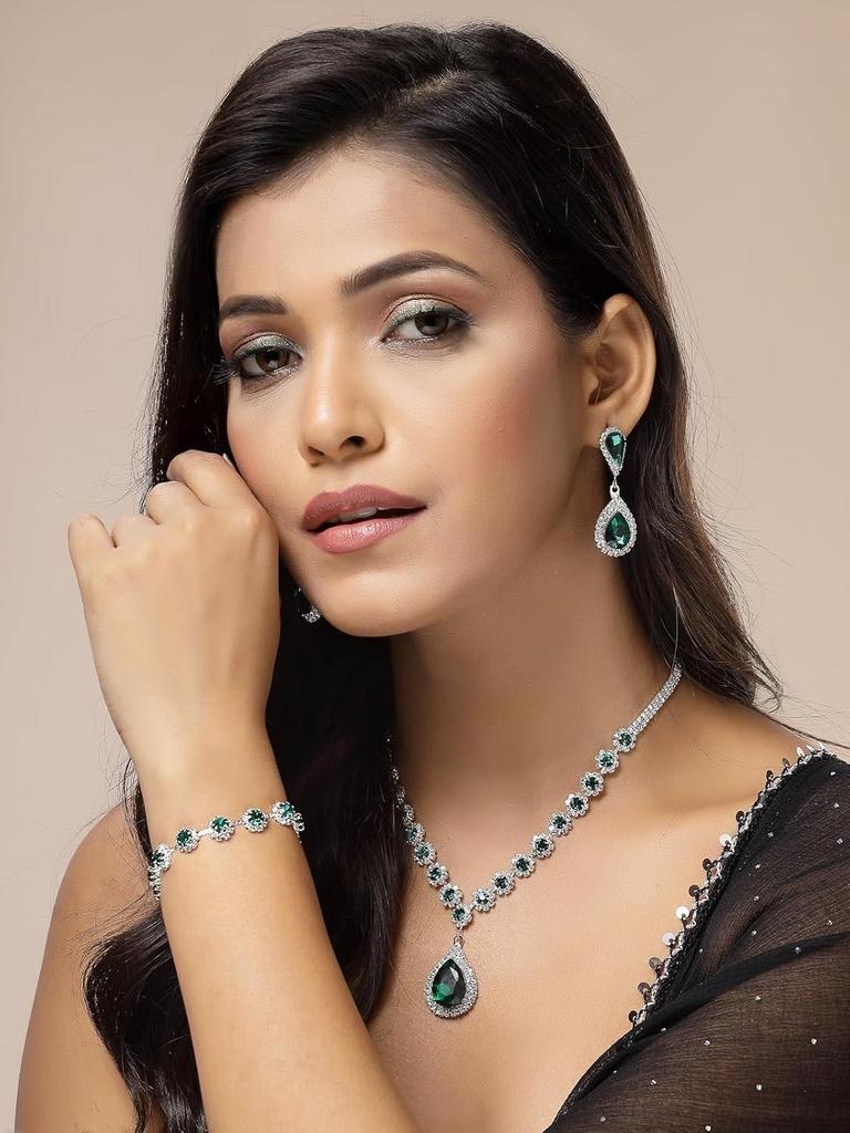 Stylish AD Stone Diamonds Studded Rhodium Plated Silver Green Drop Choker Necklace with Drop Earring Combo Jewellery Set
