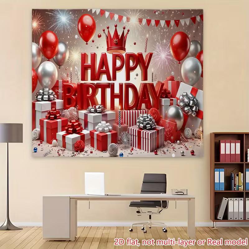 2D 2D Flat Birthday Backdrop, Red Silver Party Photography Background