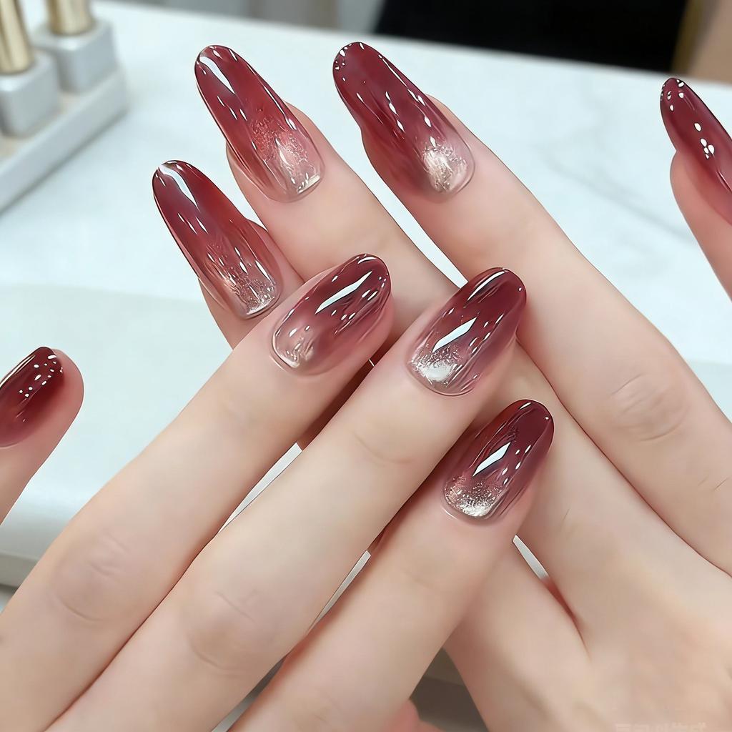 10pcs Red Pomegranate Cat Eye Glass Bead Handmade Short Oval Press On Nails Full Coverage Nail Tips For Women