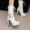 Женские ботинки в панк-стиле на шнуровке до середины икры, с ремешком с пряжкой, на платформе и высоком каблуке, короткие ботинки, женские, белые, с круглым носком, каблук квадратный 12 см