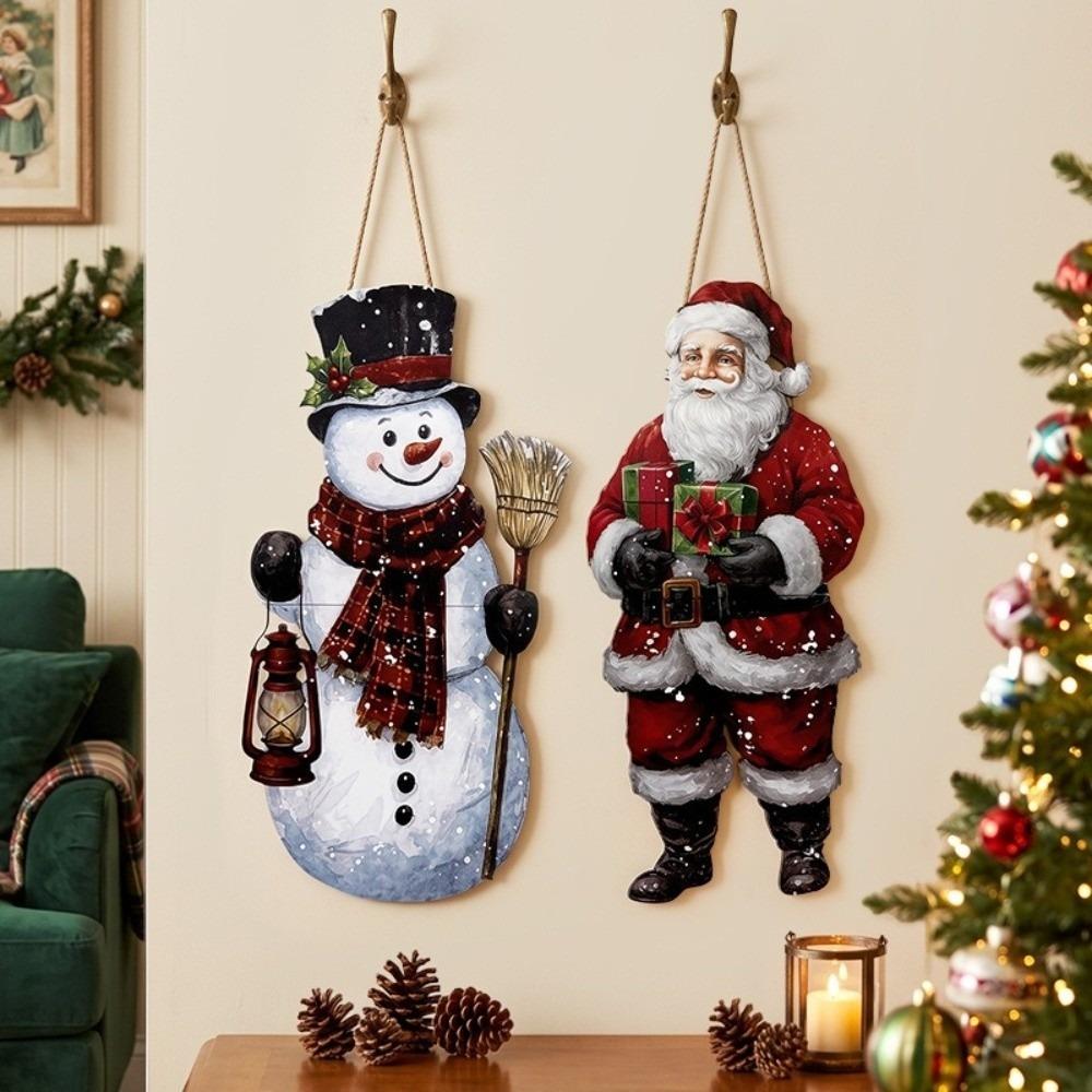 Wooden Door Hanging Sign Santa Claus Ornament Xmas Decorative Board Retro Wall Decoration Home