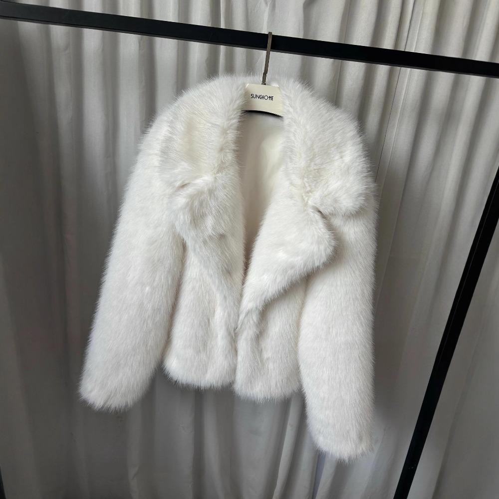 Women's Notched Lapel Long Sleeve Oversized Urban Style Faux Fur Coat Jacket