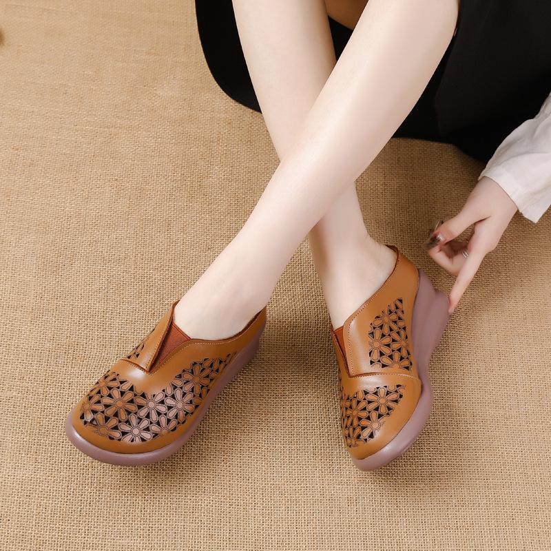 The First Layer of Cowhide Muffin Sole Heightening Women's Shoes Casual Leather Hollow Women's Slippers Breathable Hole Shoes