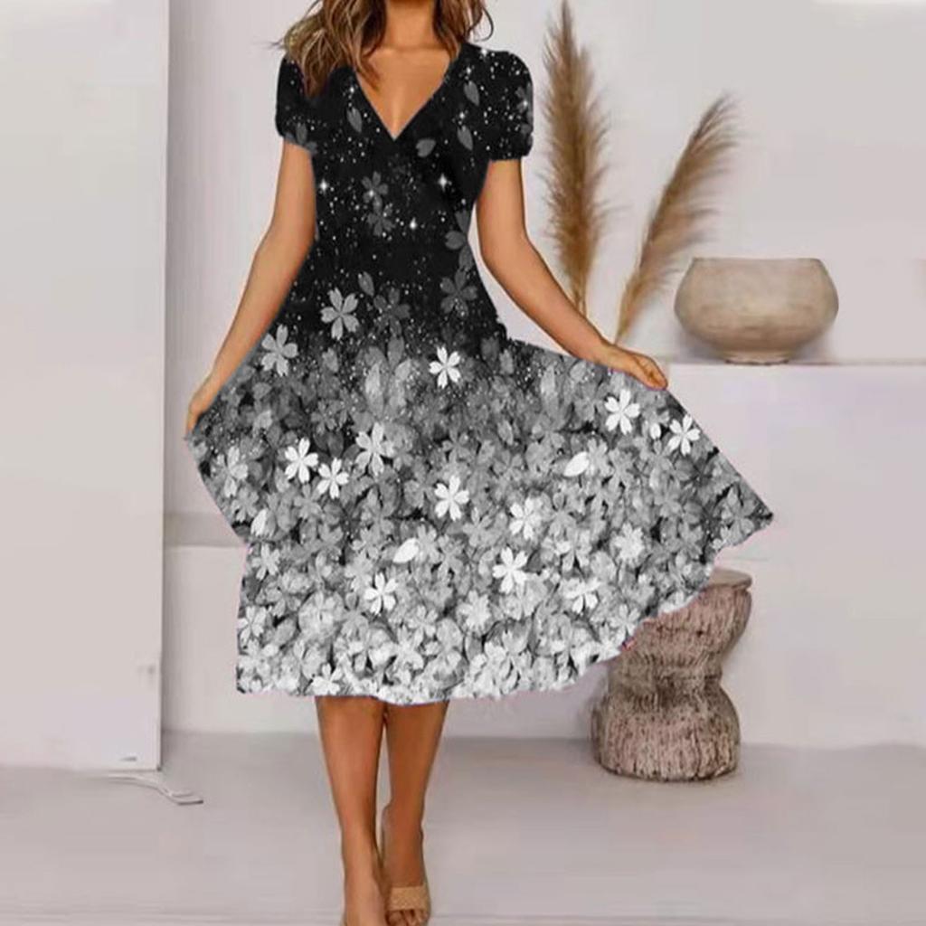 Women's Summer Casual Fashion Floral Print Short Sleeve V-Neck Swing Dress