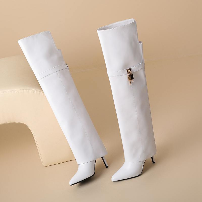 Krazing Pot Cow Split Skin Microfiber Pointed Toe Thin High Heels Size 46 Size 45 Slip On Plus Size Women Keep Warm Over-the-knee Boots