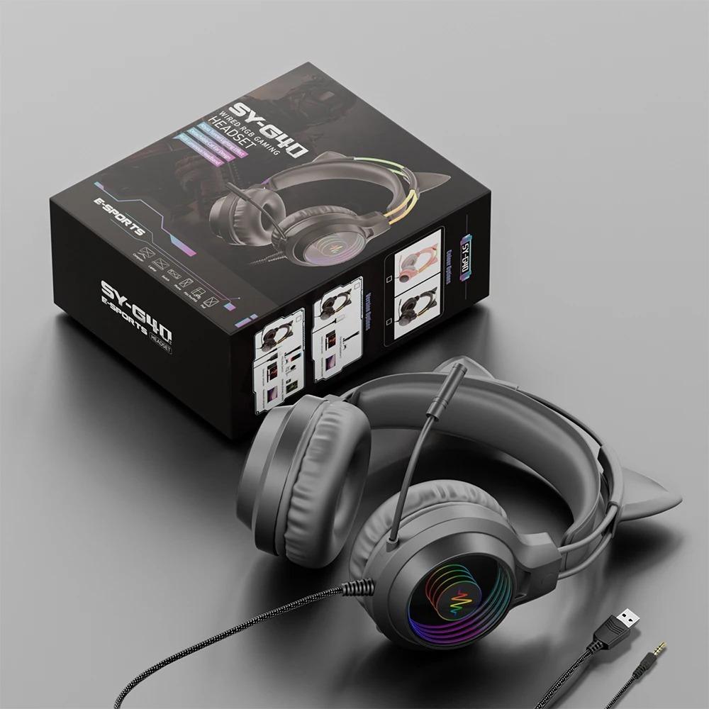 SY-G40 3,5 мм USB проводная управляемая гарнитура Dragon Eyes светящиеся игровые милые кошачьи ушки головные компьютерные наушники с микрофоном для ПК ноутбука