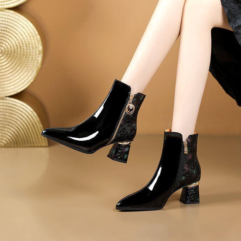 Женские ботильоны на остром среднем каблуке, новая модная модель осень-зима 2025, короткие ботильоны на толстом каблуке с боковой молнией и стразами, в зарубежном стиле, ботинки Мартин
