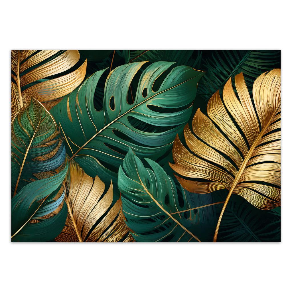 Wallpaper Gold and Green Monstera Leaves