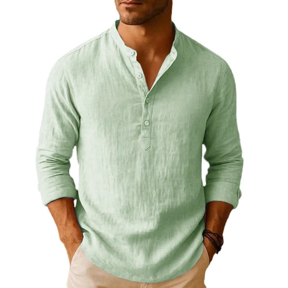 Легкая летняя рубашка-henley из льняной смеси для мужчин - Дышащая повседневная рубашка с длинным рукавом, однотонная, на пуговицах