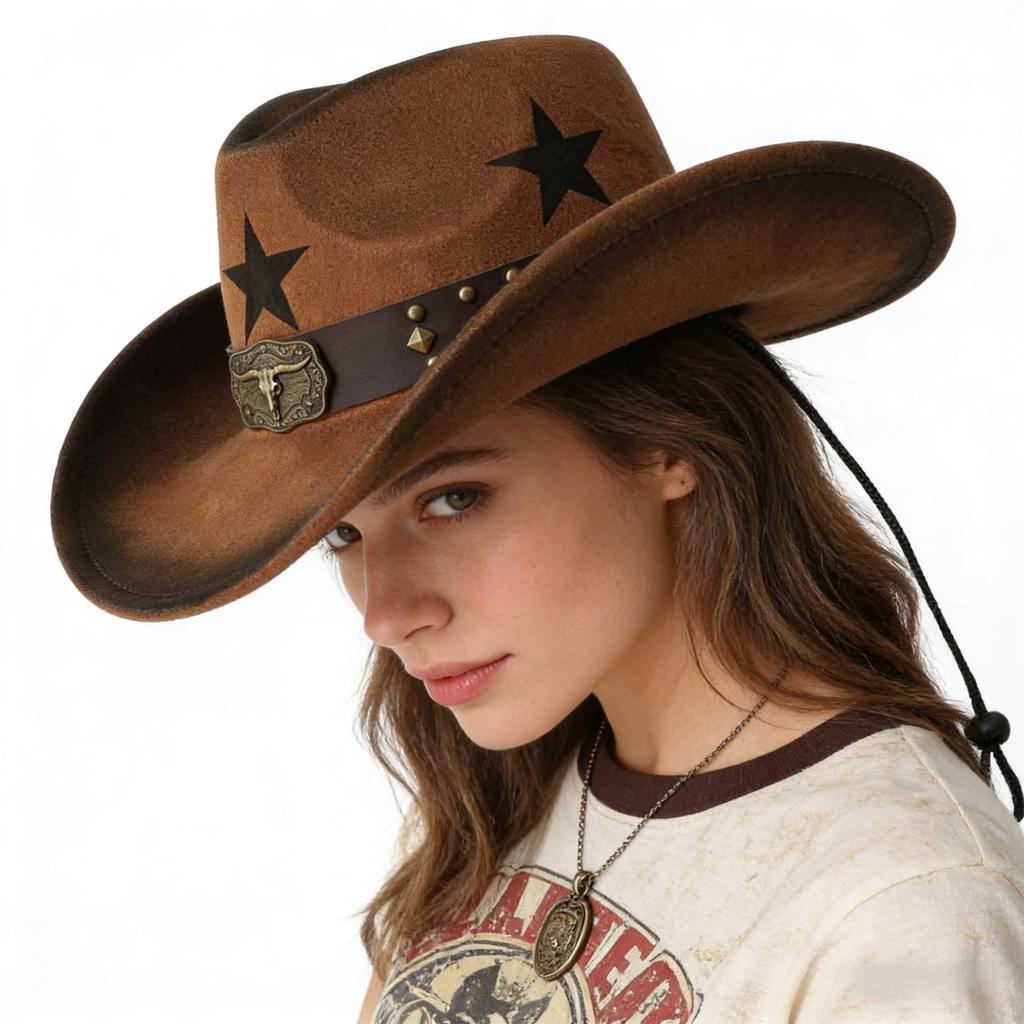 Western cowboy hat, outdoor sun protection, unisex, five-pointed star, faux suede, bull head logo, rivets, wide brim, fedora