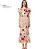 Women Fishtail Dress Round Neck Puff Short Sleeve Embroidered 3D Flower Decor Midi Dress Hip Wrapped Long Dress