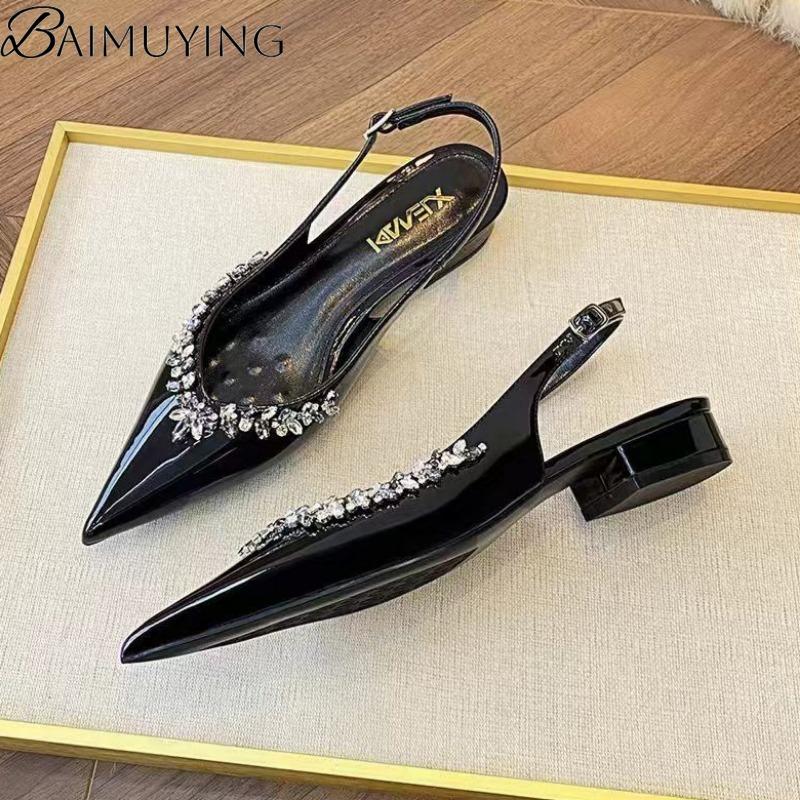 Crystal Sexy Pointed Toe Mid Heels Sandals Women Shoes Slingback Summer 2o25 Trend Dress Leather Pumps Elegant Party Sandalias