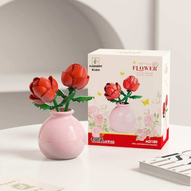 Cross-Border Lego Immortal Flower Basket Building Block Set - Rose Bonsai & Children's Assembly Toy for Teacher's Day Gift