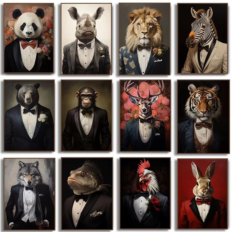 Human Body Animal Head Posters Lion Suit Giraffe Tiger Zebra Fox Wolf Panda Pictures Wall Art Canvas s Room Home Decor