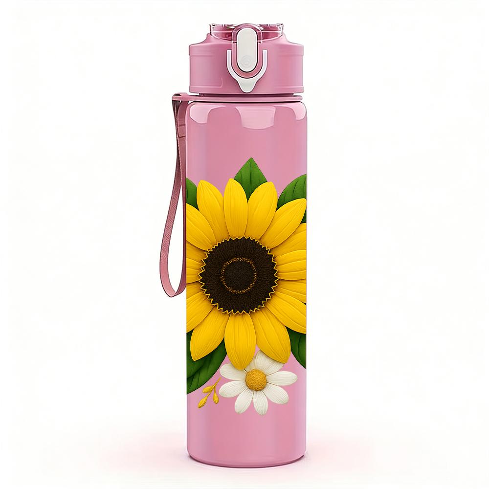 1PC Bright Sunflower Bloom 750ml Color Plastic Sports Water Bottle Leakproof Flip Straw Lid For Sports Office Home Use