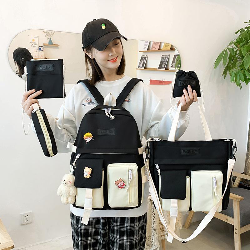 Backpack Women's Five Piece Set Korean Edition Contrast Canvas Campus Student Backpack Set