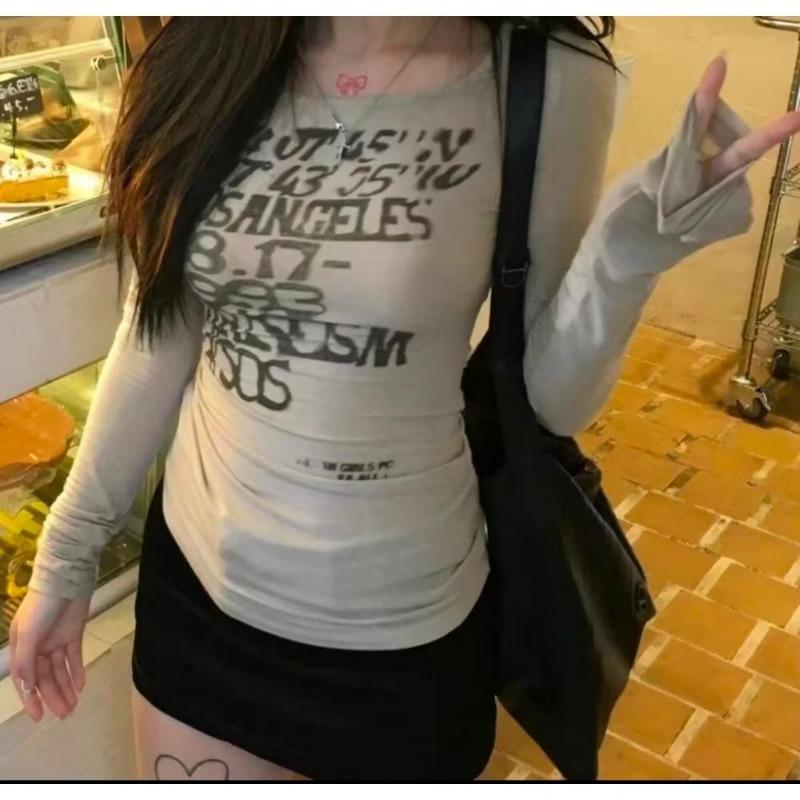 2KWEIRD Японская футболка Y2k с принтом букв, в стиле трэш 2000-х, с длинным рукавом, рубчатый топ, винтажная уличная одежда Харадзюку, американский ретро