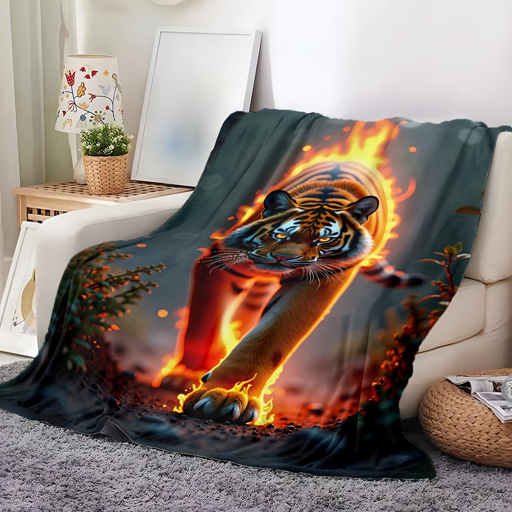 1pc Flame Tiger Blanket - Soft Flannel-like Texture, All-Season Luxury Bedspread/Throw - Machine Washable Polyester - Perfect Gi