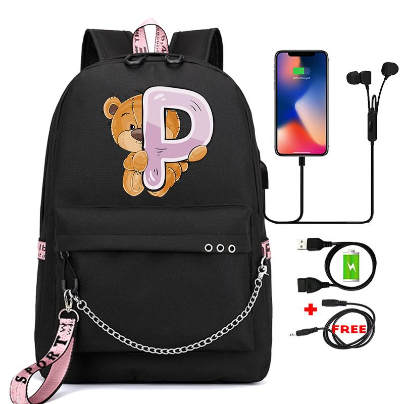 Рюкзак Little Bear с 26 английскими буквами, детская сумка для книг, школьная сумка для косплея для мальчиков и девочек, большой вместительный дорожный рюкзак для детей