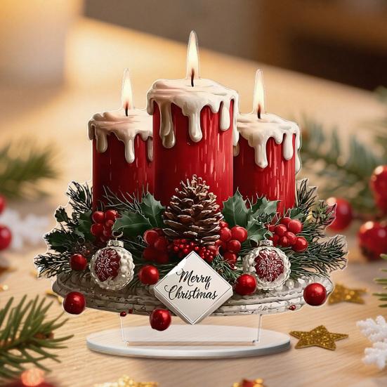 Christmas Tabletop Sign 2D Acrylic Desktop Sign with Candles Pine Cones Red Berries Pattern for Holiday Tiered Tray Home Party Decor