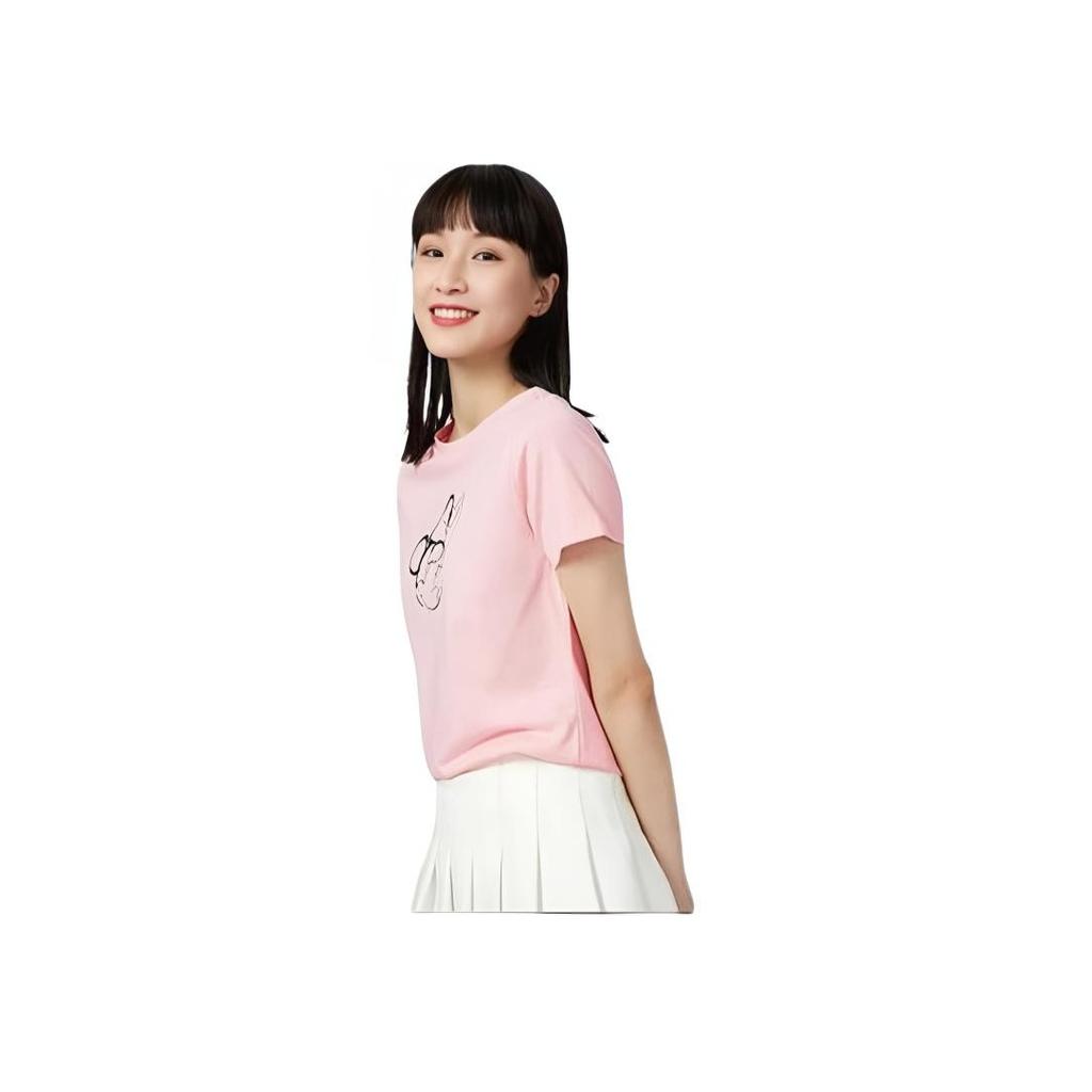 Li Ning X Disney Mickey Cartoon Print Round Neck Pullover Short Sleeve T Shirt Women Tops Pink AHSR648-3