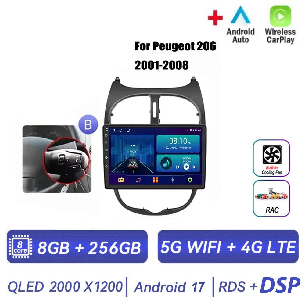 Android 17 pour PEUGEOT 206 206CC 206SW 2001 - 2016 Radio de voiture multimédia automobile sans fil Carplay Accessoires Écran de voiture