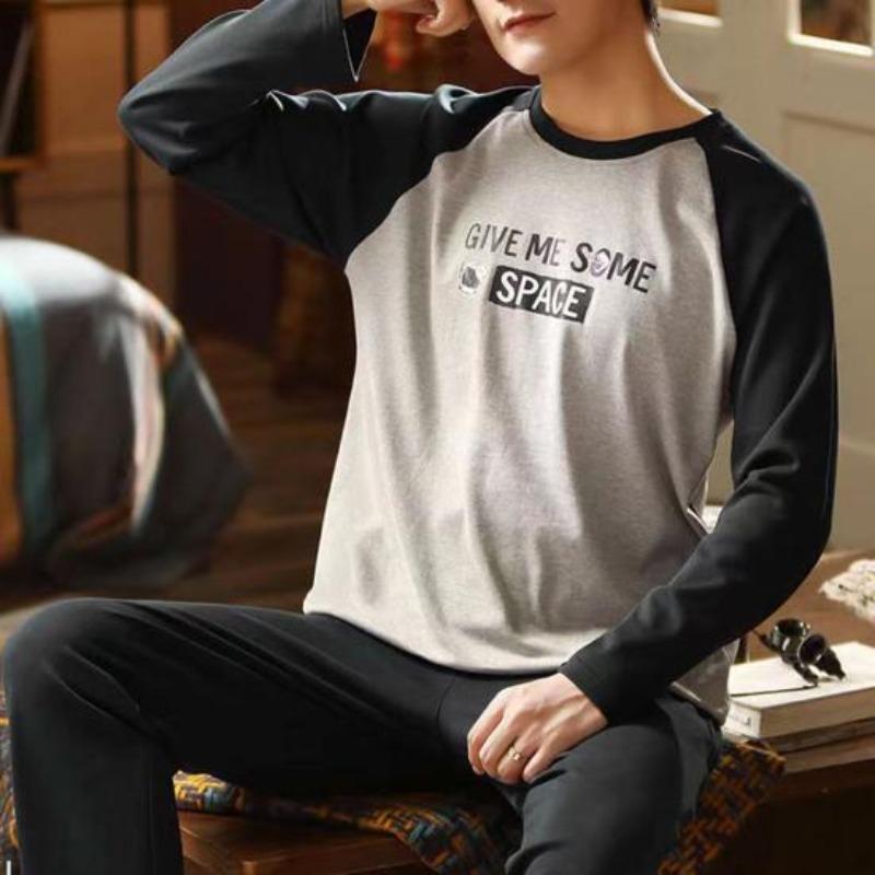 Men Pajamas 2pcsset Set Autumn Oneck Long Sleeve Plaid Letter Print Tops Elastic Waist
