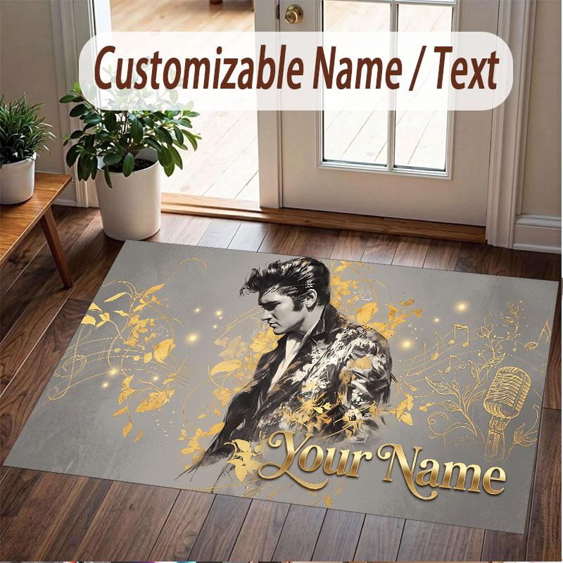 Custom Rug Elvis Presley Pattern Print Name Text Soft Non‑Slip Floor Carpet for Home Indoor Decoration