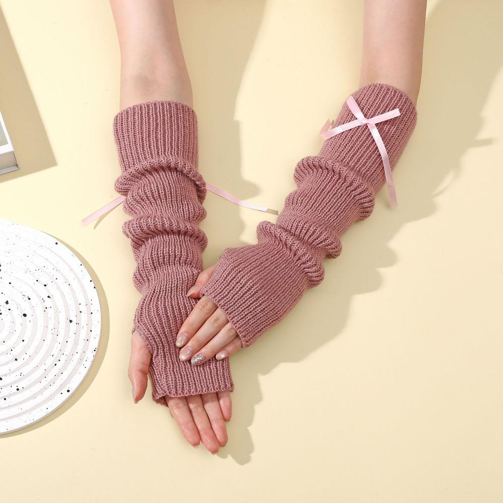 Fashion Y2K Long Wrist Gloves Thicken Bowknot Arm Warmers Soft Solid Color Knitted Arm Sleeves Women