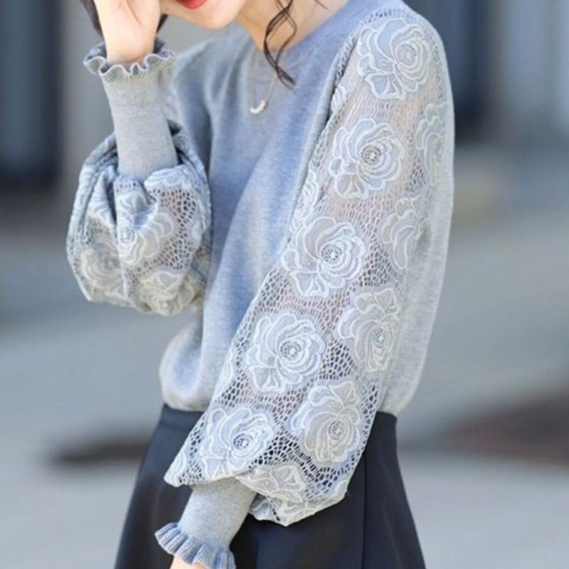 Весна и осень французский стиль кружева сращивание рукава фонарь круглый вырез капюшон свитер женский вязаный свитер верхняя одежда