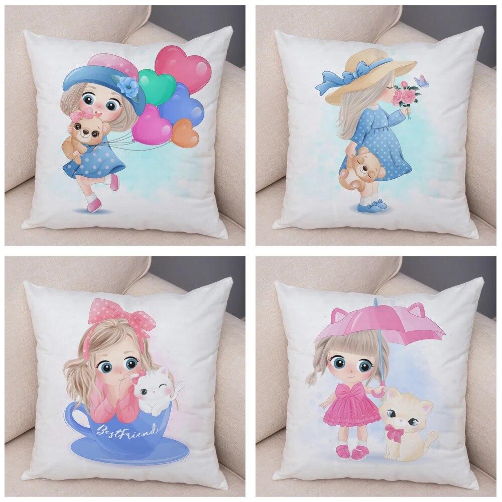 Children's Room Sofa Home Pillowcase Cute Cartoon Girl and Cat  Decoration  Animal Cushion Cover